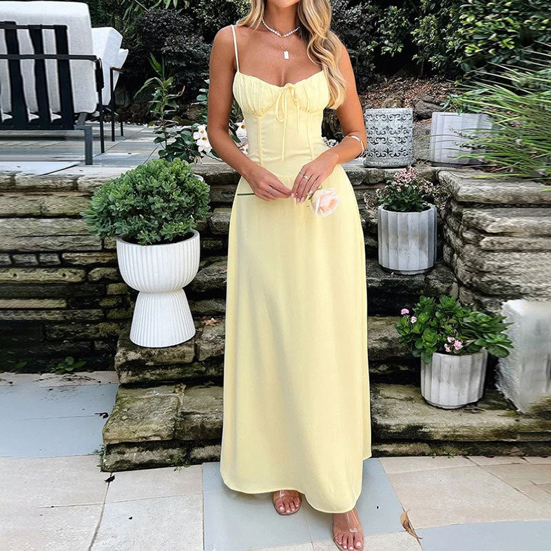 Women’s Strappy Satin A-Line Maxi Dress – Ruched Bodice Elegance