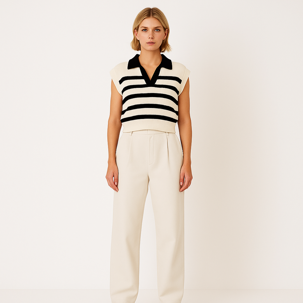 Women's Striped Knit Polo Vest – Sleeveless Old Money Style-Cole Clothing-White