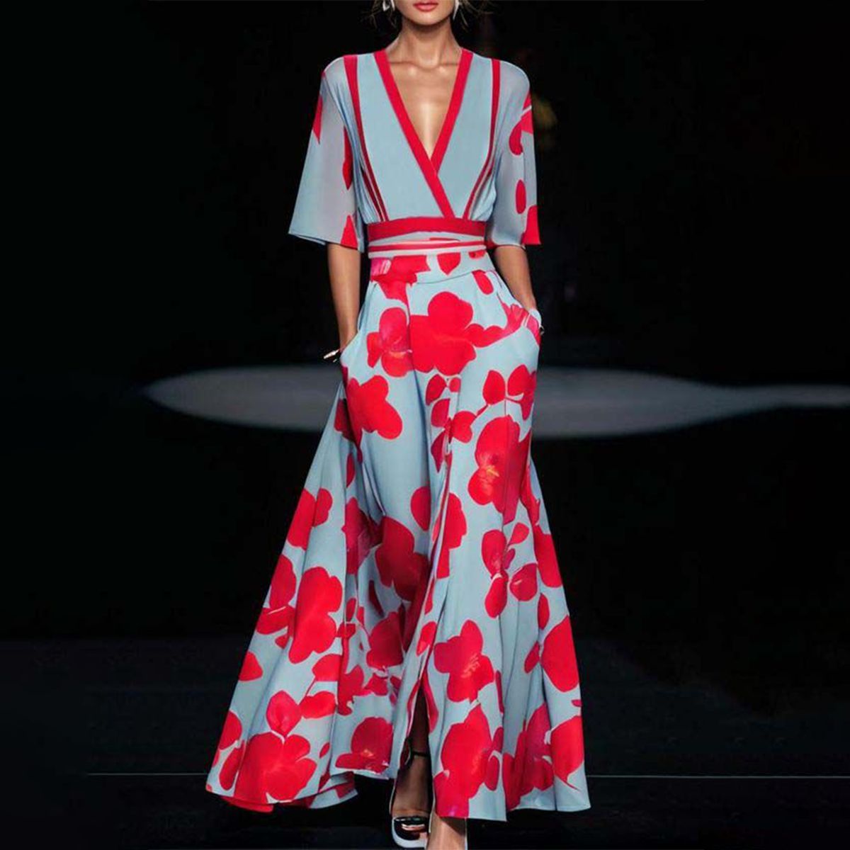 Womens V-Neck Maxi Dress – Elbow Sleeve Fit-&-Flare with Pockets