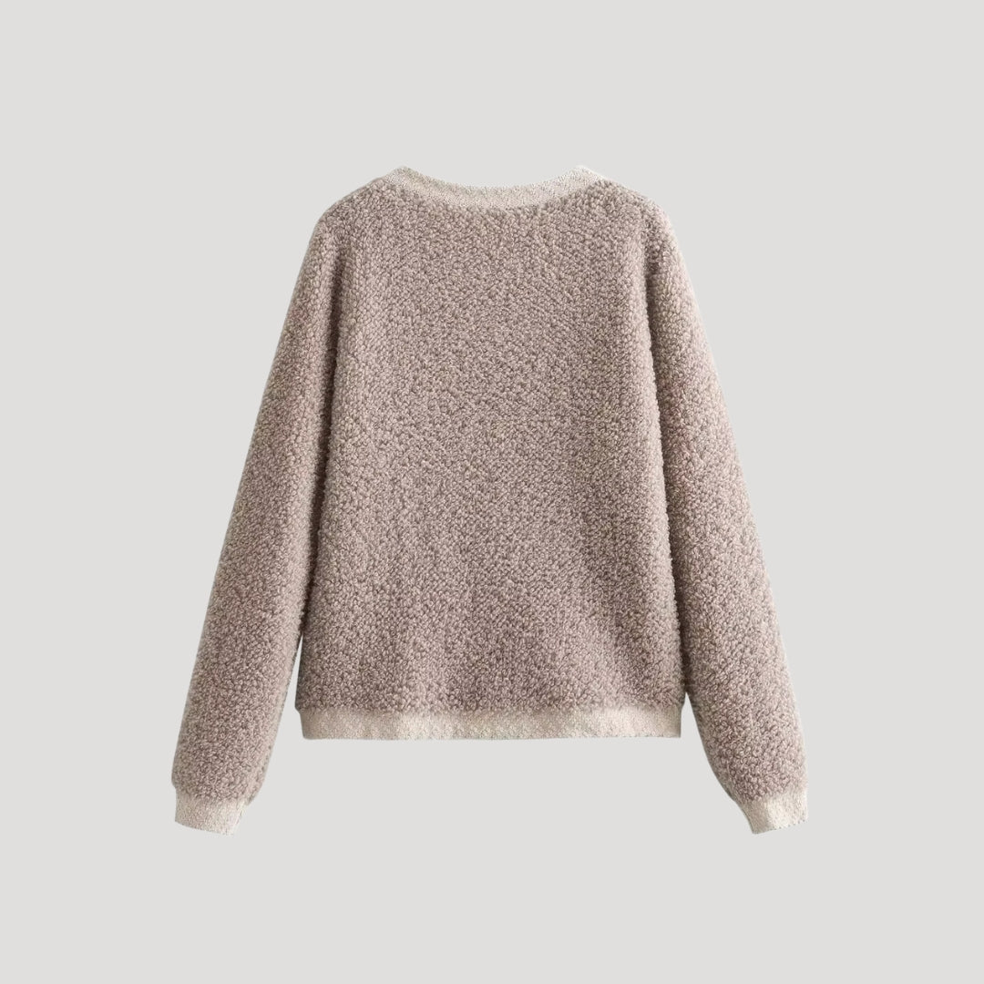 Women’s boucle knit cardigan with button up front and round neck for autumn layering