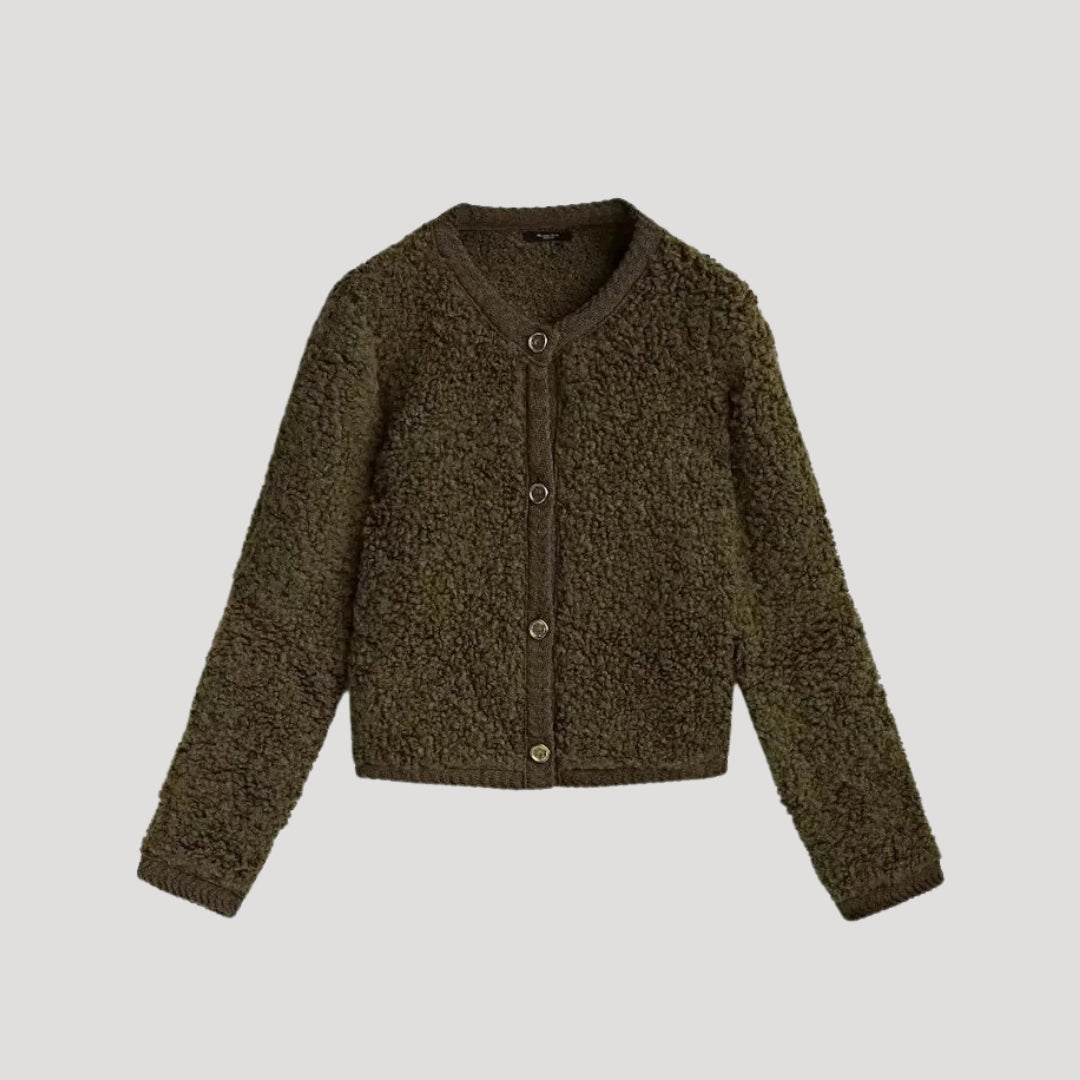 Women’s boucle knit cardigan with button up front and round neck for autumn layering