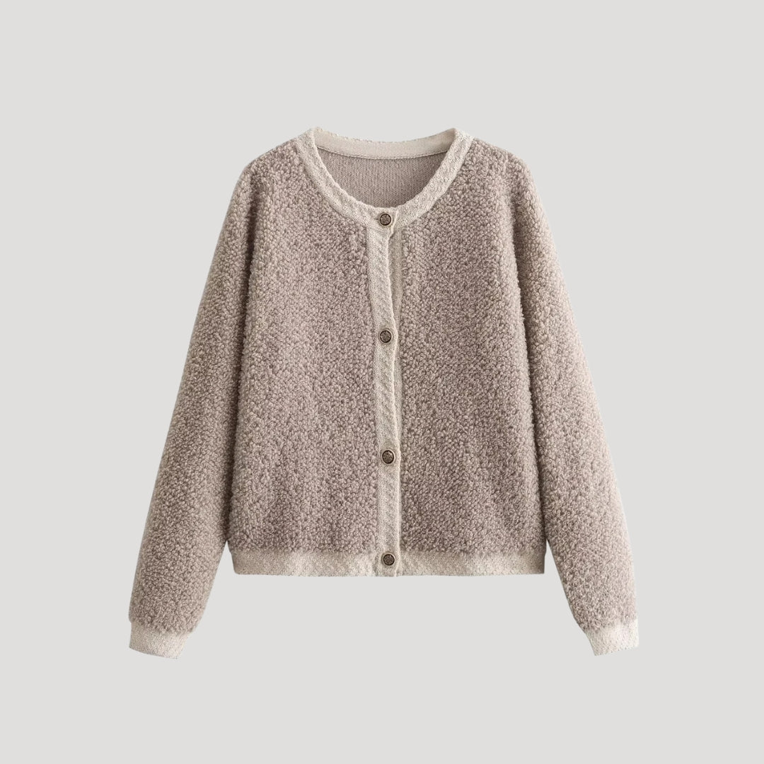 Women’s boucle knit cardigan with button up front and round neck for autumn layering