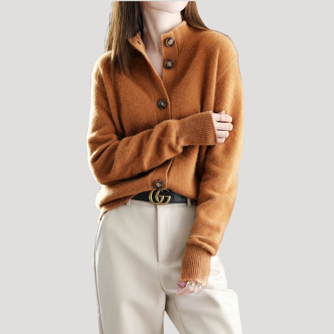 Women’s button up knitted winter cardigan with collar for casual layering