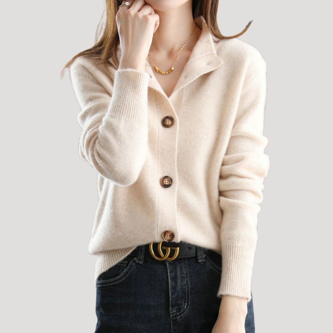 Women’s button up knitted winter cardigan with collar for casual layering
