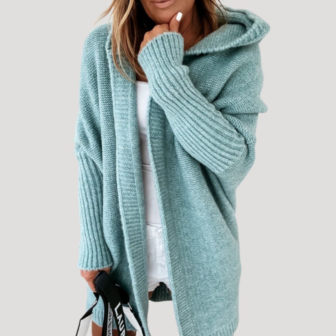 Women’s chunky knit longline hooded cardigan with open front