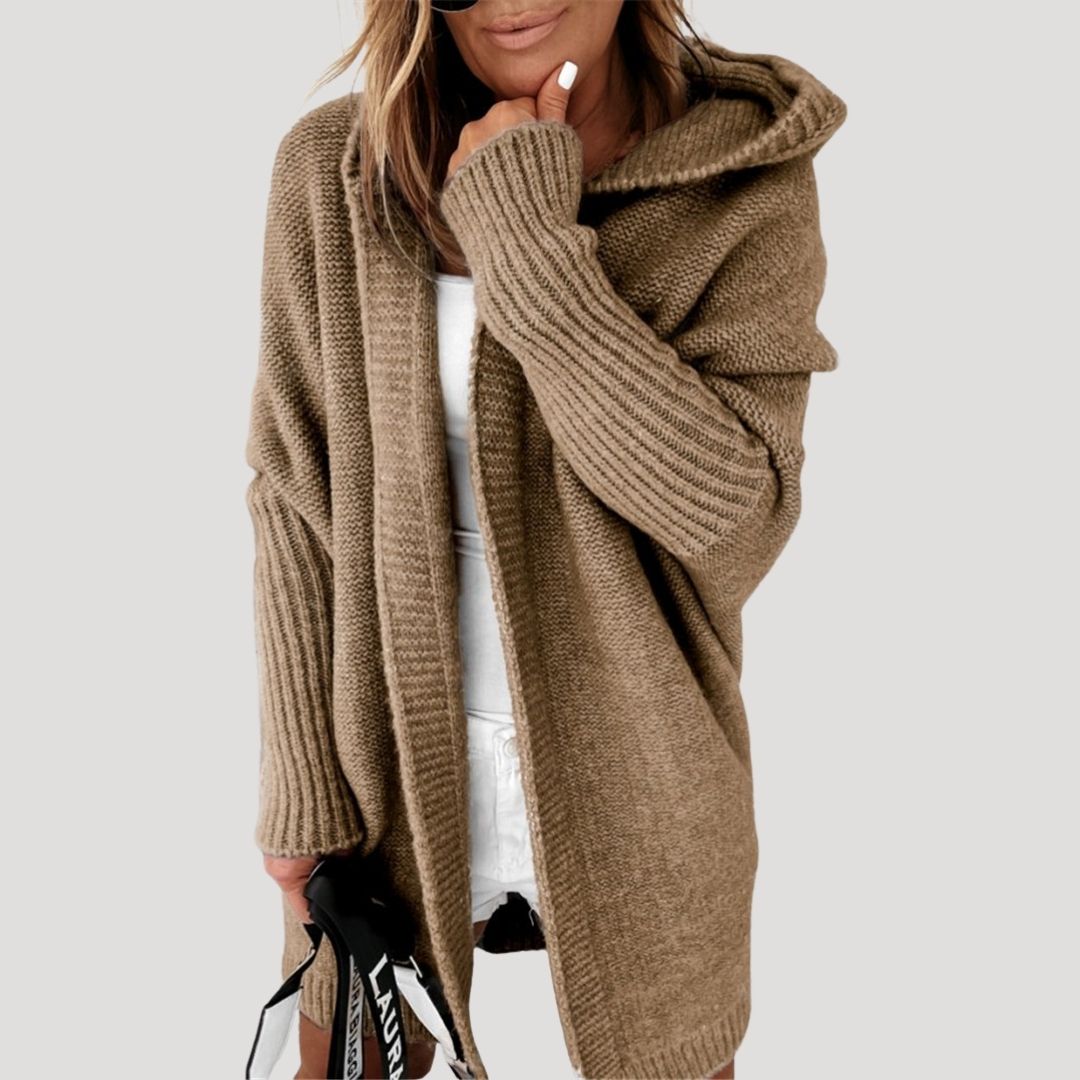 Women’s chunky knit longline hooded cardigan with open front