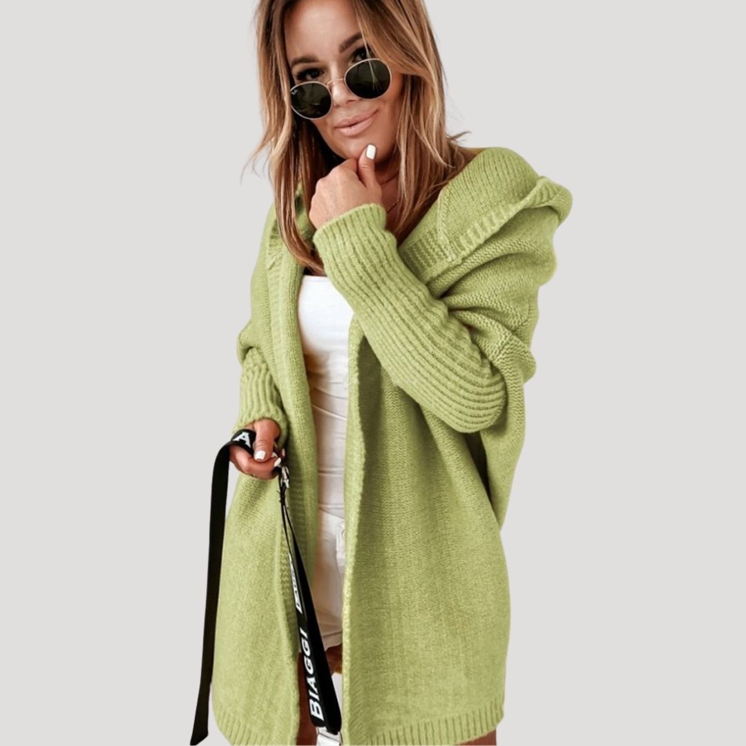 Women’s chunky knit longline hooded cardigan with open front