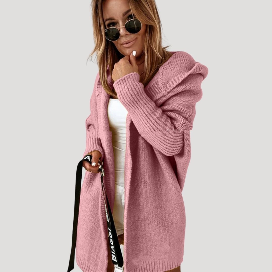 Women’s chunky knit longline hooded cardigan with open front