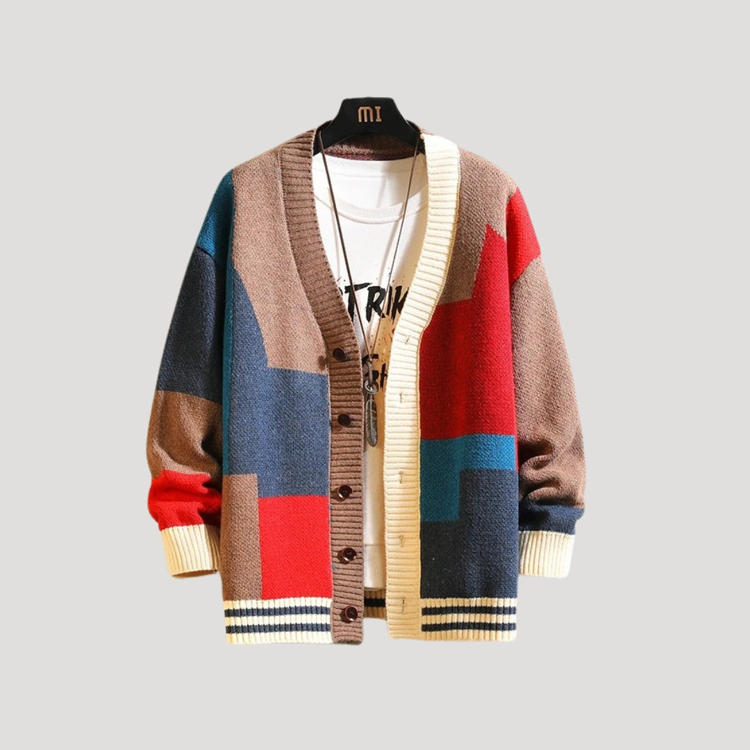 Women’s oversized chunky knit cardigan with geometric button up front