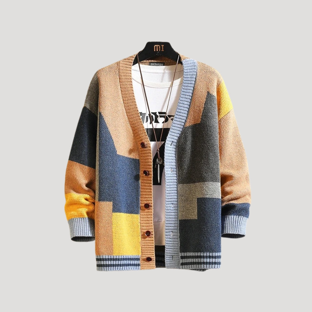 Women’s oversized chunky knit cardigan with geometric button up front