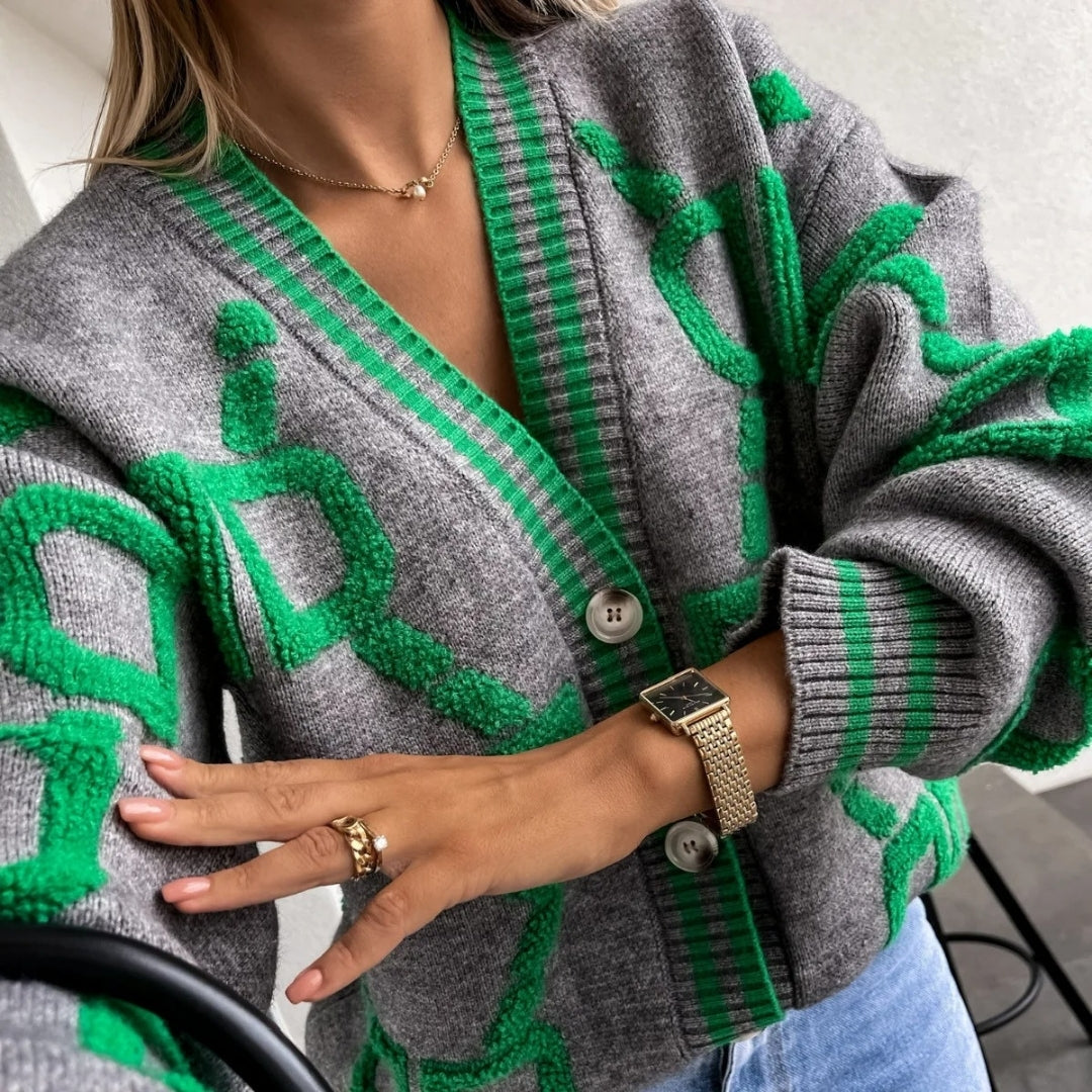 Women’s oversized graphic knit cardigan with v neck button up front