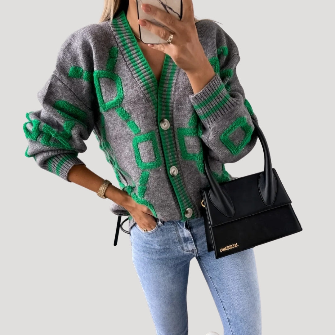 Women’s oversized graphic knit cardigan with v neck button up front