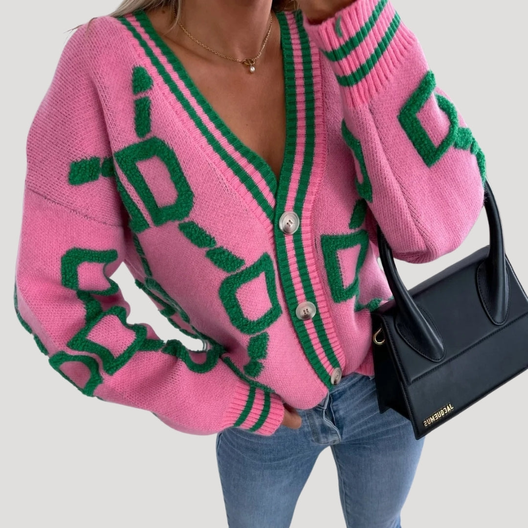 Women’s oversized graphic knit cardigan with v neck button up front