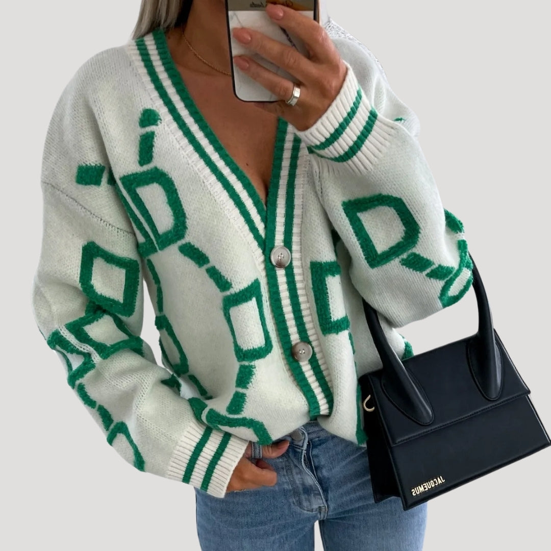 Women’s oversized graphic knit cardigan with v neck button up front